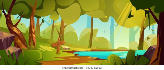 Summer day forest landscape with green trees, bushes and grass, soil path with wooden arrow sign to lake with blue water under sun beams. Cartoon vector natural scenery of woodland with pond.