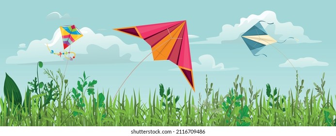 Summer day grass kite composition with horizontal landscape view of green field with flying colorful kites vector illustration