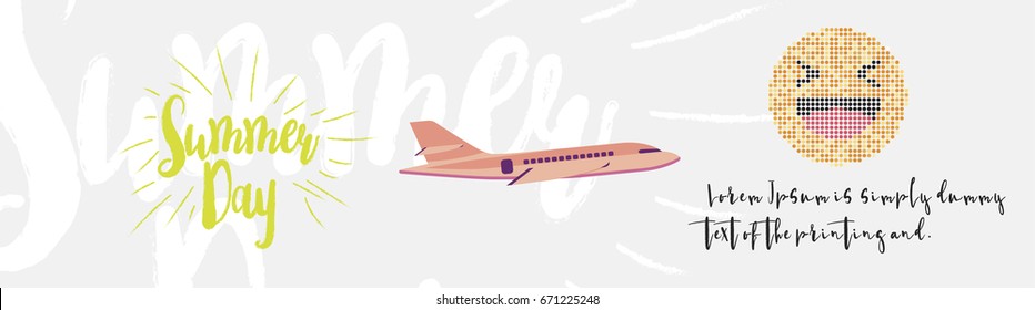 Summer day greeting card. Font inscription with an airplane on the background. Flat vector illustration EPS 10