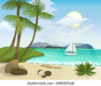 Summer day. Heated by the sun's rays, the sandy beach of the sea, in the distance of the sea, you can see a yacht with a white sail, on the shore there are stones, coconuts and a small bush.