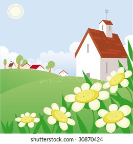 Summer day landscape with beautiful  house and chamomile