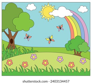 Sommertagslandschaft, blühende Wiese mit Schmetterlingen - Vektorvollfarbigem Bild. Landschaft für ein Kinderbuch mit Baum, Busch, Regenbogen und