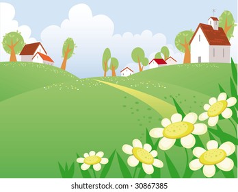 Summer day landscape with chamomile and free space for your text