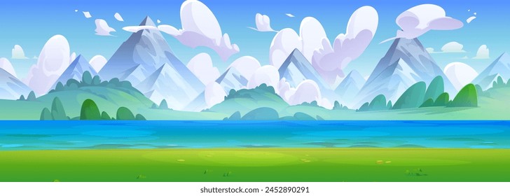 Paisaje del día del verano con el río o el lago al pie de las altas montañas rocosas. Ilustración vectorial de dibujos animados de paisajes soleados con hierba verde y arbustos en los bancos de estanque cerca de las colinas, cielo azul con nubes.