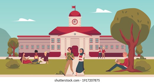 Summer Day Landscape With University Or College Campus Building And Students Cartoon Characters, Flat Vector Illustration. Campus Ancient House With Park.