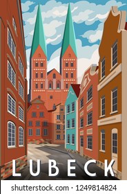 Summer day in Lubeck, Germany. Handmade drawing vector illustration. Retro style poster.