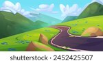 Summer day mountains landscape with winding road, green grass and rocks. Cartoon vector illustration of spring sunny scenery with empty asphalt serpentine highway, hills and blue sky with clouds
