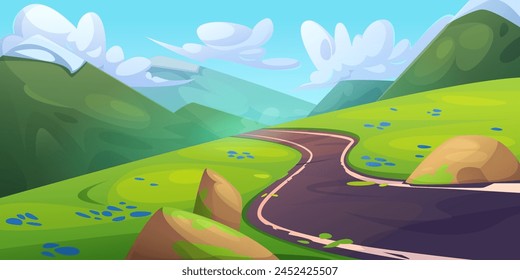 Summer day mountains landscape with winding road, green grass and rocks. Cartoon vector illustration of spring sunny scenery with empty asphalt serpentine highway, hills and blue sky with clouds