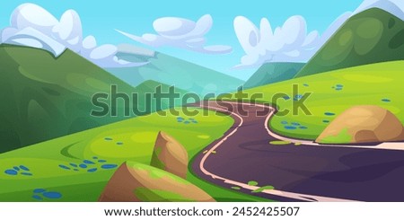 Summer day mountains landscape with winding road, green grass and rocks. Cartoon vector illustration of spring sunny scenery with empty asphalt serpentine highway, hills and blue sky with clouds