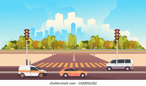 Summer day, moving transport on a suburban highway, in the distance a large city silhouette, vector horizontal illustration