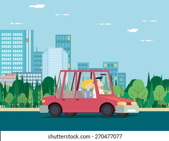 Summer Day Nature Vacation Couple Car Travel Background City Landscape Flat Design Concept Icon Template Vector Illustration