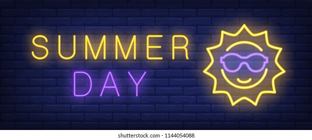 Summer day neon text with sun in sunglasses. Tourism and vacation advertisement design. Night bright neon sign, colorful billboard, light banner. Vector illustration in neon style.