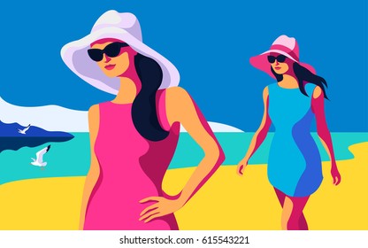 Summer day on the beach. Two beautiful young women wearing big hats and sunglasses on the sea background. Multicolored flat vector illustration