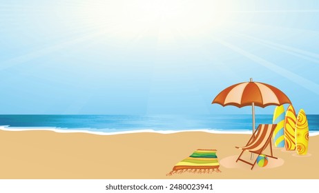 summer day on beach view with umbrella and chair, surf board stand on sand. Summer Beach Background