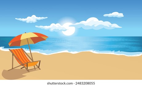 summer day on the beach view with sunlight and cloud. set of umbrella and chair on the coastline. Summer Beach Background season.