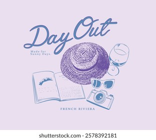 Summer day out vector design, Summer hat with book, sunglass and camera vector art, French Riviera picnic day artwork for t shirt, poster, graphic print, Holiday elements illustration