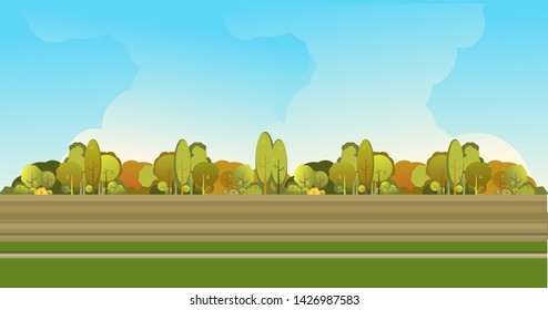 Summer day, panoramic view of the suburban landscape, park by the road, vector horizontal illustration
