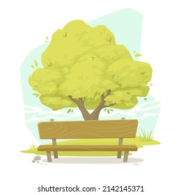 Summer day in the park. Wooden bench with lush green tree in the background. Vector illustration. Cartoon style.