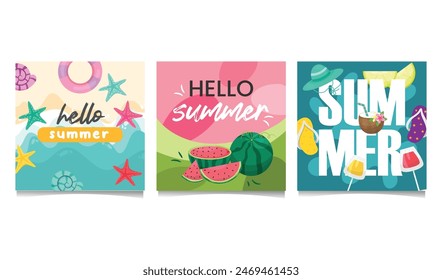 summer day post idea set vector illustration, Perfect for posters, social media, labels, and backgrounds. Featuring beach scenes, tropical fruits, and cheerful quotes