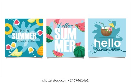 summer day post set vector illustration, Perfect for posters, social media, labels, and backgrounds. Featuring beach scenes, tropical fruits, and cheerful quotes.