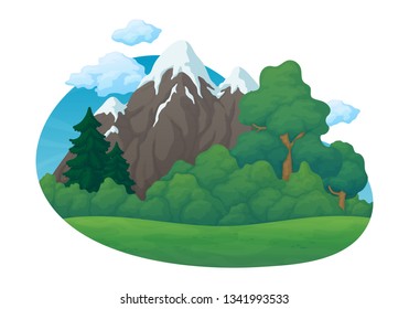 Summer day rural scene. Green meadow with pine and fir trees and bushes. Snow covered mountains, blue sky with clouds in the background.