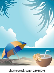 summer day at the seaside with beach umbrella and coconut beverage