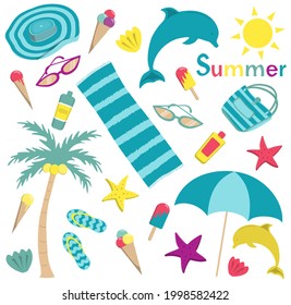 Summer day, summer set with elements. Bright summer stickers collection. Vector image.