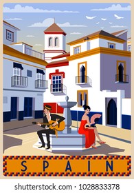 Summer day in small town, Andalusia, Spain. Handmade drawing vector illustration. Retro style. 
