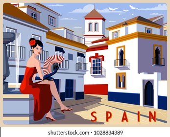 Summer day in small town, Andalusia, Spain. Handmade drawing vector illustration. Retro style.