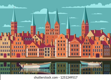 Summer day in small town in Germany. Handmade drawing vector illustration. Retro style poster.