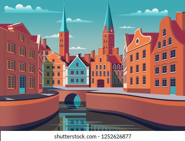 Summer day in small town in Germany. Handmade drawing vector illustration. Retro style poster.