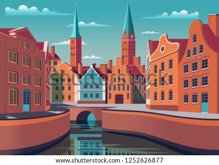 Summer day in small town in Germany. Handmade drawing vector illustration. Retro style poster.