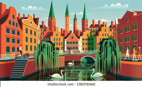 Summer day in small town in Netherlands. Handmade drawing vector illustration. Retro style poster.