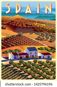 Summer day in Spain with ranches, vineyards, olive groves, fields and hills in the background. Handmade drawing vector illustration. Poster in the Art Deco style.