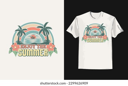 Summer day t shirt design. Vintage summer t-shirt with enjoy the summer slogan. Trendy groovy print design for posters, stickers, cards, and t-shirts. Vector illustration in  retro 70s, 80s design