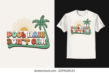 Summer day t shirt design. Vintage summer t-shirt with beach please slogan. Trendy groovy print design for posters, stickers, cards, and t-shirts. Vector illustration in style retro 70s, 80s design