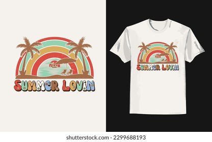 Summer day t shirt design. Vintage summer t-shirt with summer lovin slogan. Trendy groovy print design for posters, stickers, cards, and t-shirts. Vector illustration in style retro 70s, 80s design