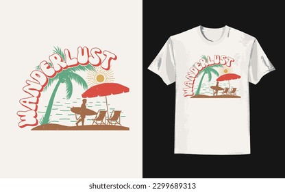 Summer day t shirt design. Vintage summer t-shirt with wanderlust slogan. Trendy groovy print design for posters, stickers, cards, and t-shirts. Vector illustration in style retro 70s, 80s design