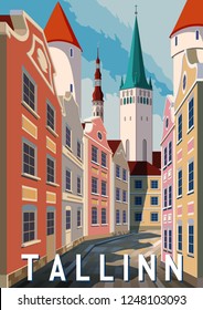 Summer day in Tallinn, Estonia. Handmade drawing vector illustration. Retro style poster.