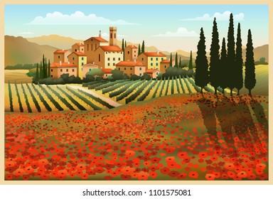 Summer Day in Tuscany, Italy. Handmade drawing vector illustration.