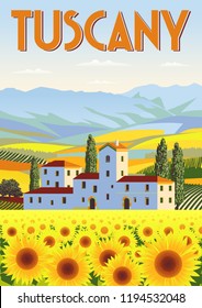 Summer Day In Tuscany, Italy. Handmade Drawing Vector. Travel Poster In The Art Deco Style