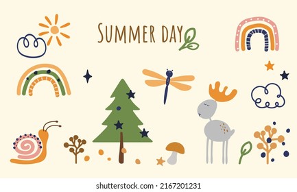 Summer day vector with forest cartoon paintings with rainbow, elk and dragonfly for postcards decoration. Trendy set of cute kid baby drawings with snail and clouds