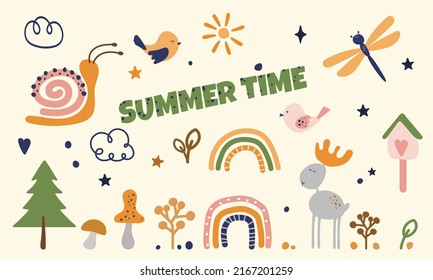 Summer day vector with forest cartoon paintings with rainbow, elk and dragonfly for postcards decoration. Trendy set of cute kid baby drawings with snail and clouds