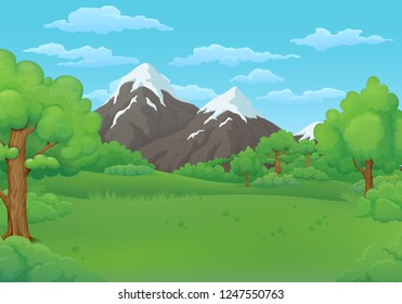 Summer day vector illustration. Green meadows with lush trees and bushes. Snowy mountains and blue sky with clouds in the background.