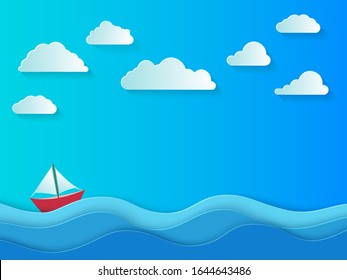 Summer day with white clouds. Sea background in paper style. A paper boat floats on the waves. Vector illustrations.