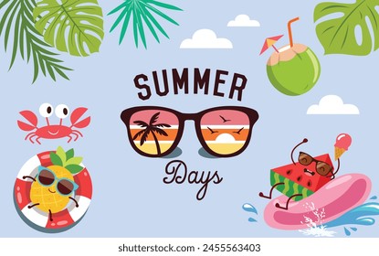 Summer days background, poster, banner. Summer time with fun character promotion design.