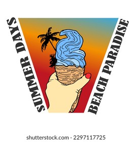 Summer days, beach paradise. Illustration of ice cream and palm trees as logo, icon. Surfing Paradise Day. Summer season logo design, summer day.