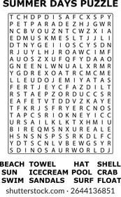 Summer Days Puzzle And Word Search Grid Letters Beach Towel Sun Ice Cream Pool Crab Swim Sandals Surf Float