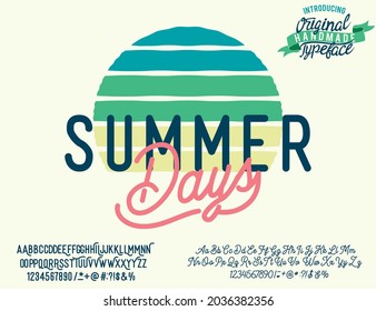 Summer Days. Script typeface. Malibu. Summer Time. Waikiki beach. Vector illustration. Retro typeface and logo. Summer style.