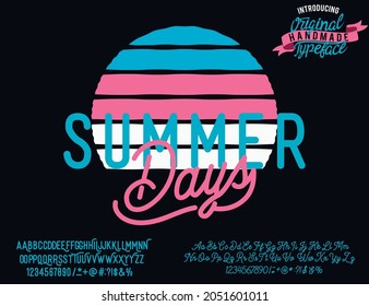 Summer Days. Script typeface. Malibu. Summer Time. Waikiki beach. Vector illustration. Retro typeface and logo. Summer style.